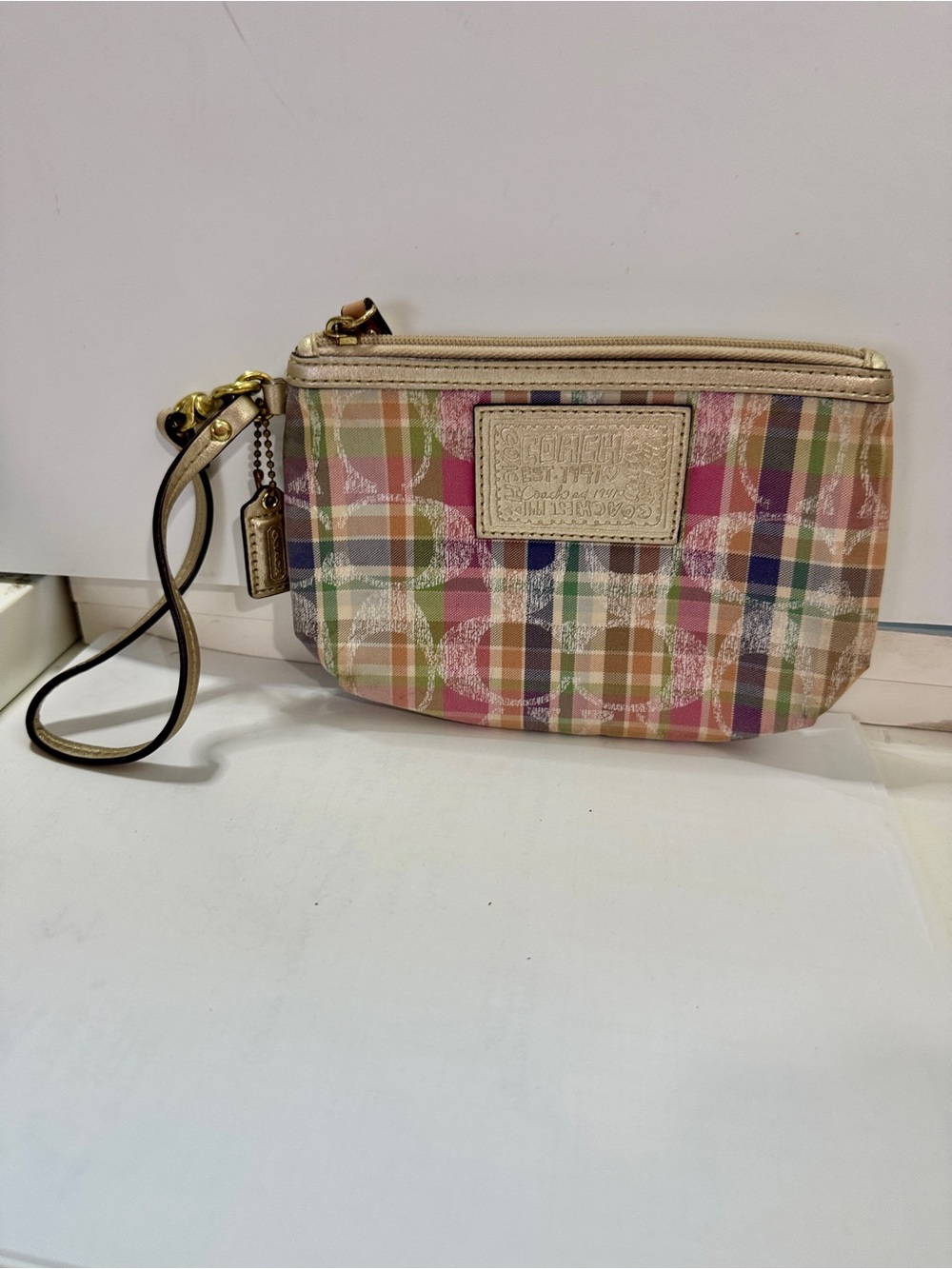 Coach Pastel Plaid Wristlet in Pink, Green & Tan Madras with hangtag